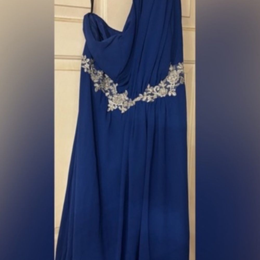 One Shoulder Blue Dress with Silver Detailing